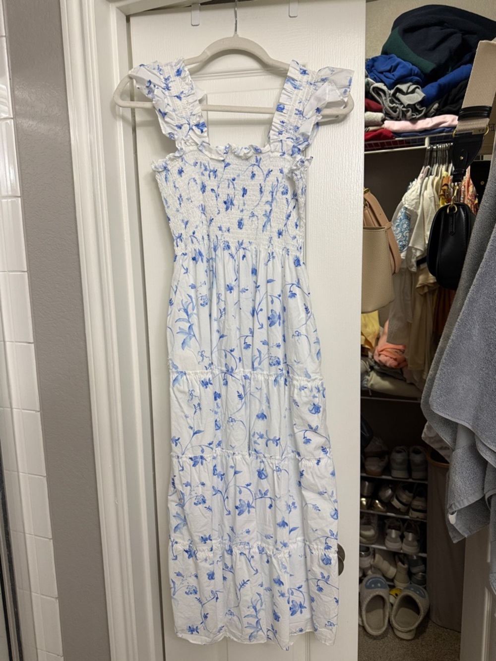 Hill House White and Light Blue Floral Smocked Midi Dress - Picture 3 of 5